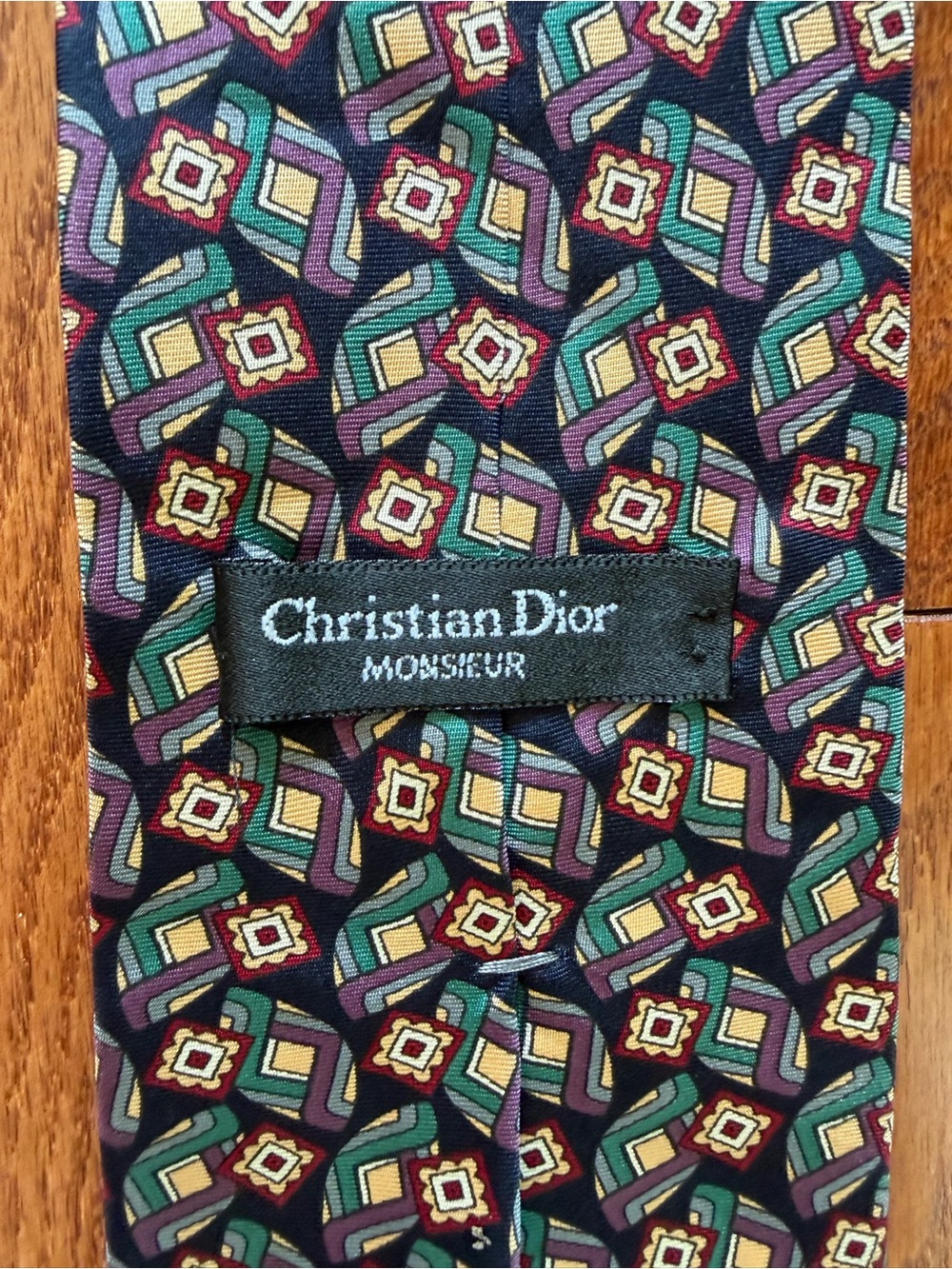 Vintage Christian Dior Mens Geometric Silk Tie in Navy Green & Burgundy Accents
